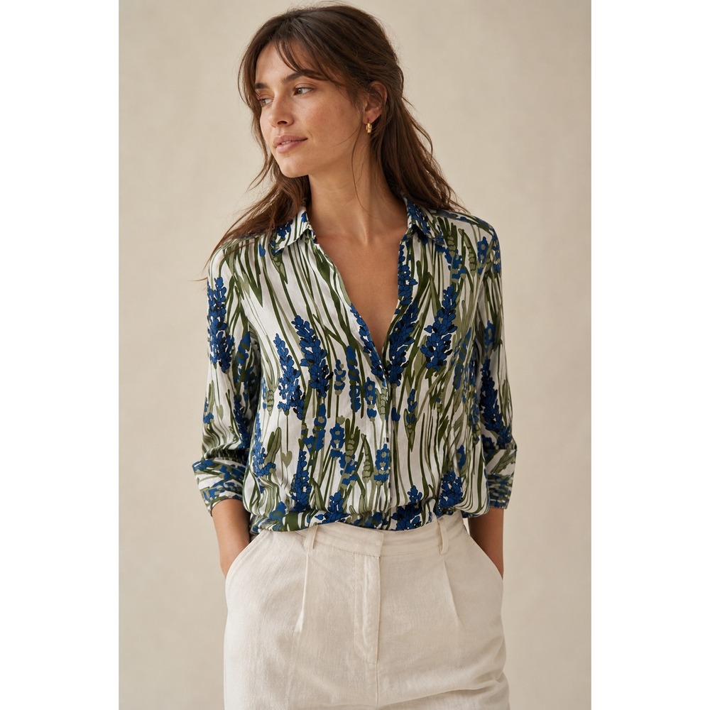 Investments Gold Label Taylor Lavender Floral Cotton Non-Iron Shirt White Blue 8